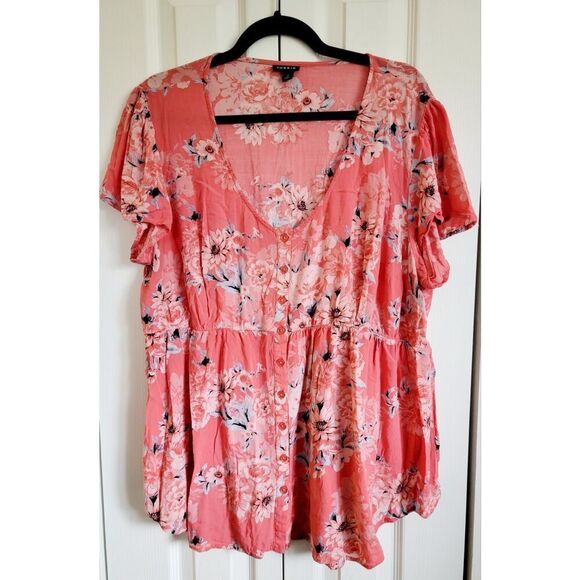 Torrid 3 Blouse Short Flutter Sleeve Baby Doll Pink Floral Gathered Waist Tunic - Picture 1 of 6